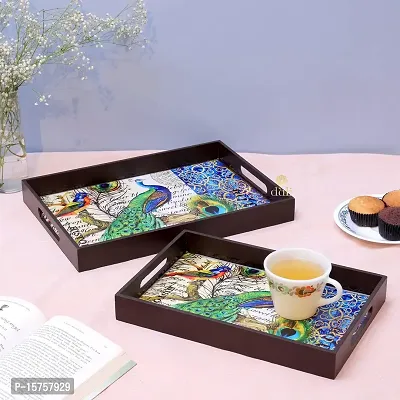 DULI Set of 2 MDF Wood Enamel Coated Multipurpose Trays| Serving Tray for Home  Dining Table | Multipurpose Tray | (12x8  14x10 Inches) (Setof2PrintedDeco: SinglePeacockRct)-thumb2