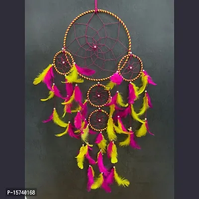 Economique?? 5 Ring Dream Catchers, Wall Hangings, Home Decor, Handmade Room Decor Items for Bedroom, Balcony, Party, Cafe, Ring Beaded with Red and Green Feather (Large, 27inches) (Yellow Pink)