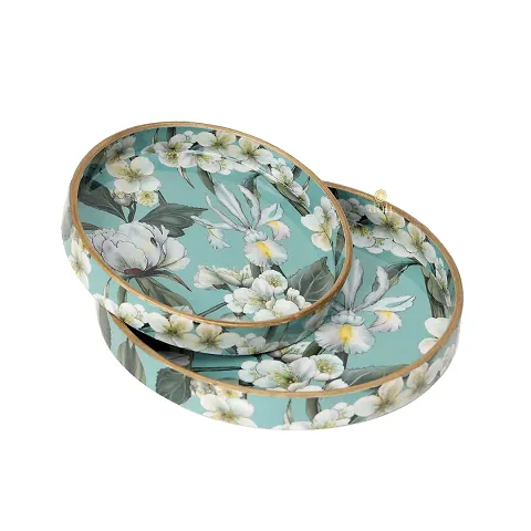 DULI Set of 2 MDF Wood Enamel Coated Multipurpose Trays| Serving Tray for Home  Dining Table | Multipurpose Tray | (10 * 10  12 * 12 Inches) (Setof2Round: AquaWhiteFloral)