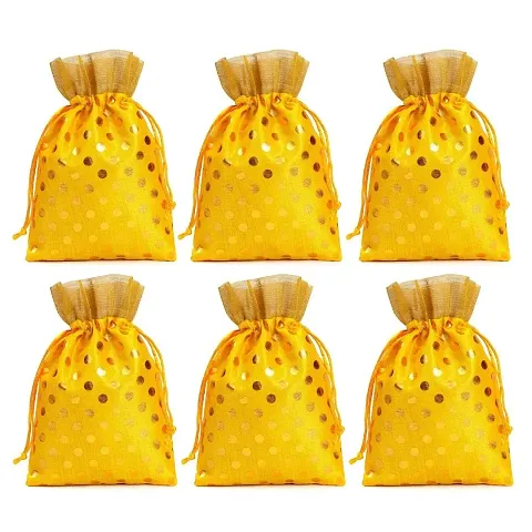 Meher Collection Women?s Ethnic Rajasthani Polka Dots Potli Bag for Return Gifts Wedding Gift for mom Potli Purse Gift Bags ?Yellow Polka (Pack of 6) 500 gms Medium (18cmx23cm)