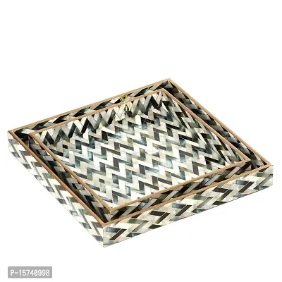 DULI Set of 2 MDF Wood Enamel Coated Multipurpose Trays| Serving Tray for Home  Dining Table | Multipurpose Tray | Water  Heat Resistant Durable| (10 * 10  12 * 12 Inches) (MOP Zigzag)-thumb5