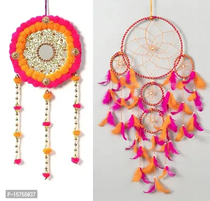DULI Dreamcatcher and Pompom Wall Hanging Combo |Windchime Hanging | Pompom Hanging| Combo Pack Color- Pink-Orange | Pack of 2 Wall Hanging (Large) Wall Hanging Room, Traditonal Wall Art