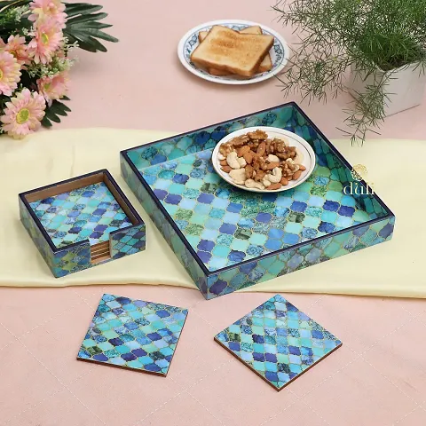 DULI Set of MDF Wood Enamel Coated Multipurpose Trays (10x10) & Set of 6 Coasters with Stand