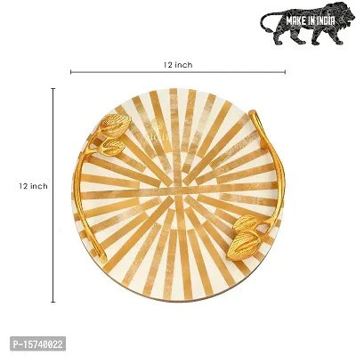 DULI Inlay Work Round Multipurpose Platter/Tray in MDF with Metal Golden Handles| Serving Tray for Home  Dining Table | Multipurpose Tray | Table Top Tray for Fruits (RoundPlatter- BownWhiteLines)-thumb4