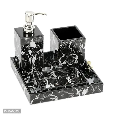 DULI MDF Bathroom Set with Enamel Coating(Set of 4) Tray,Dispenser,Toothpaste/Brush Holder,Soap Dish (BlackMarble)