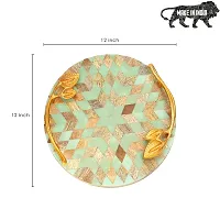 DULI Inlay Work Round Multipurpose Platter/Tray in MDF with Metal Golden Handles| Serving Tray for Home  Dining Table | Multipurpose Tray | Table Top Tray for Fruits (RoundPlatter- Bluestar)-thumb3