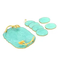 DULI Resin Multipurpose Coasters and Tray with Golden Handle Set | Serving Tray for Home  Dining Table | Multipurpose Tray |Tea,Coasters| Delicate Tray  Coaster Set (ResinTray+Coasters:AquaColor)-thumb1