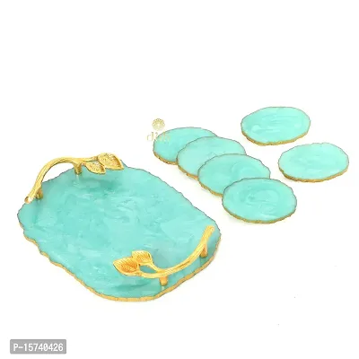 DULI Resin Multipurpose Coasters and Tray with Golden Handle Set | Serving Tray for Home  Dining Table | Multipurpose Tray |Tea,Coasters| Delicate Tray  Coaster Set (ResinTray+Coasters:AquaColor)-thumb2