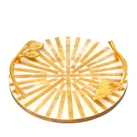 DULI Inlay Work Round Multipurpose Platter/Tray in MDF with Metal Golden Handles| Serving Tray for Home  Dining Table | Multipurpose Tray | Table Top Tray for Fruits (RoundPlatter- BownWhiteLines)-thumb1