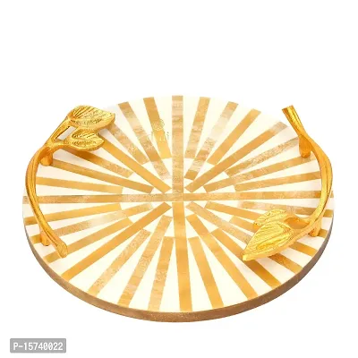 DULI Inlay Work Round Multipurpose Platter/Tray in MDF with Metal Golden Handles| Serving Tray for Home  Dining Table | Multipurpose Tray | Table Top Tray for Fruits (RoundPlatter- BownWhiteLines)-thumb2