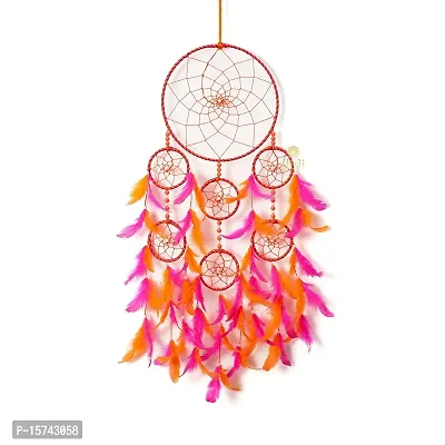 DULI 2 Tier 7 Rings Dreamcatcher Wall Hanging Dream Catcher Handmade Wall Art for Bedrooms, Office, Balcony, Outdoors, Garden, Home Wall, Car Hanging, Dreamcatcher (7RingDC: Pink-Orange)-thumb2