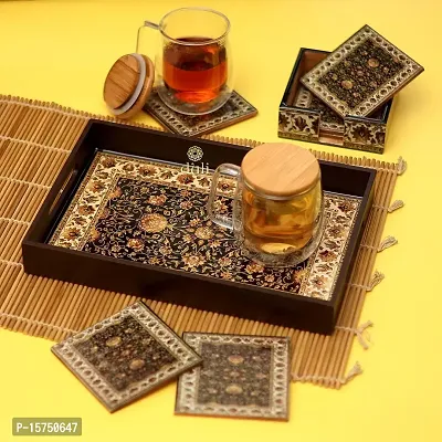 DULI Deco Painted Enamel Coated Multipurpose Tray with Enamel Coated Set of 6 Coasters with case in MDF | Serving Tray for Home  Dining Table | Multipurpose Tray (DECOTray(12x8)+Coasters-Jamawaar)
