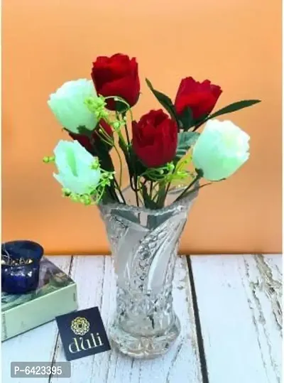 DULI Artificial Flowers Bunch of 7 Red and White Roses with Green Leaves for Home Decoration