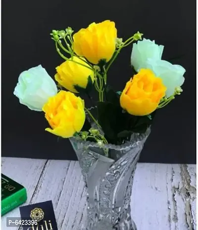 DULI Artificial Flowers Bunch of 7 Yellow and White Roses with Green Leaves for Home Decoration