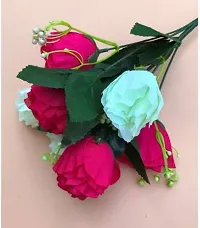 DULI Artificial Flowers Bunch of 7 Dark Pink and White Roses with Green Leaves for Home Decoration-thumb1