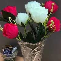 DULI Artificial Flowers Bunch of 7 Dark Pink and White Roses with Green Leaves for Home Decoration-thumb2