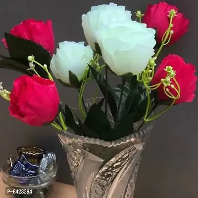 DULI Artificial Flowers Bunch of 7 Dark Pink and White Roses with Green Leaves for Home Decoration-thumb3