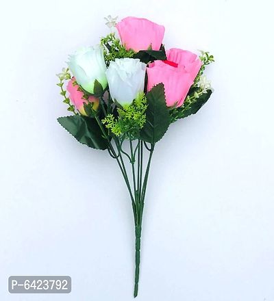DULI Artificial Flowers Bunch of 7 Light Pink and White Roses with Green Leaves for Home Decoration