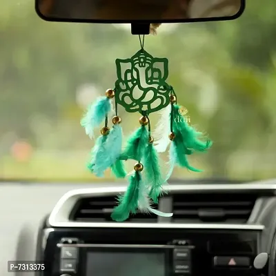 Dream catcher Car Hanging  Feather Wall Hanging and Car Hanging Decorative with Ganesha and Green Feathers  Car Hanging Ornament Positive Vibes-thumb0