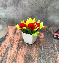 Artificial Red  Yellow Rose Flower Plant Pot for Home, Office, Table Decor-thumb1