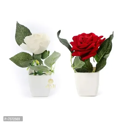 Artificial Red White Rose Flower Plant Pot for Home, Office, Table Decor