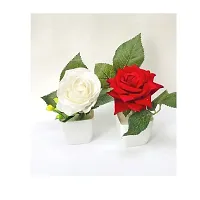 Artificial Red White Rose Flower Plant Pot for Home, Office, Table Decor-thumb1