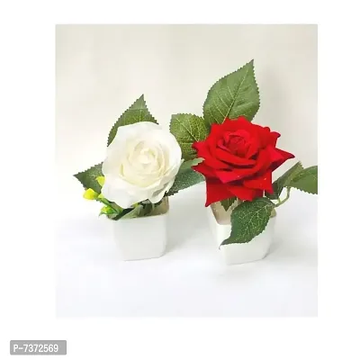 Artificial Red White Rose Flower Plant Pot for Home, Office, Table Decor-thumb2