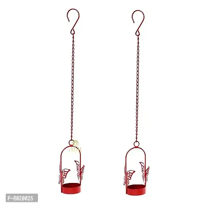 Hanging Red Butterfly Tealight Holder for Home Deacute;cor, Diwali  Festive Decor (pack of 2)-thumb2