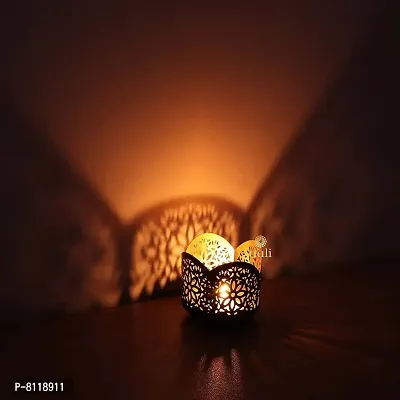 Metal Black-Golden Flowers Design Votive Tealight Holder for Home Deacute;cor, Diwali  Festive Decor-thumb0