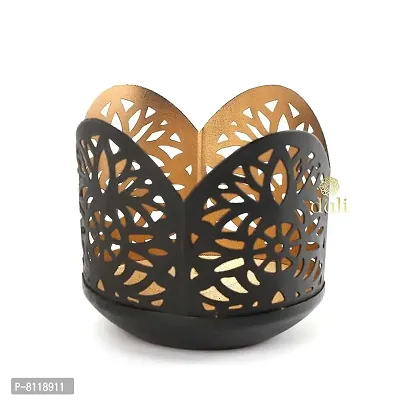 Metal Black-Golden Flowers Design Votive Tealight Holder for Home Deacute;cor, Diwali  Festive Decor-thumb2