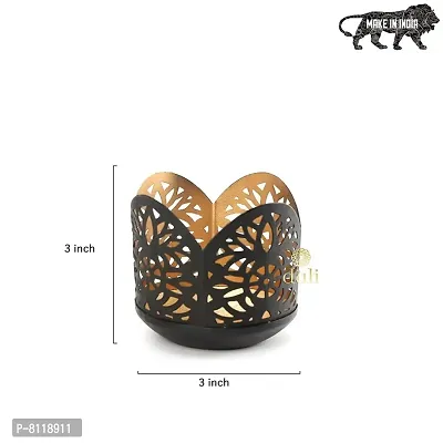 Metal Black-Golden Flowers Design Votive Tealight Holder for Home Deacute;cor, Diwali  Festive Decor-thumb3