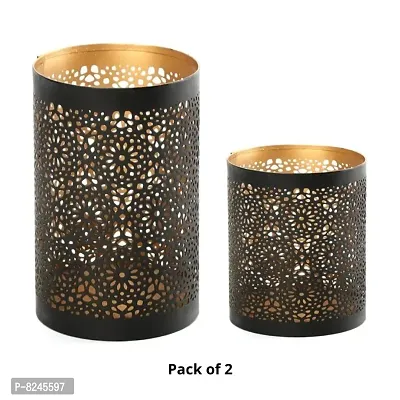 Classy Metal Black-Golden Floral Design Votive Tealight Holder for Home Deacute;cor, Pack of 2-thumb0