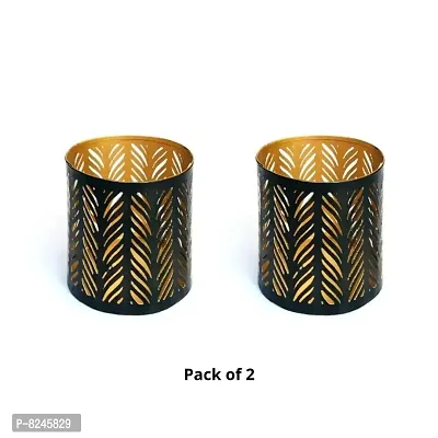 Classy Metal Black-Golden Zigzag Votive Tealight Holder for Home Deacute;cor, Pack of 2