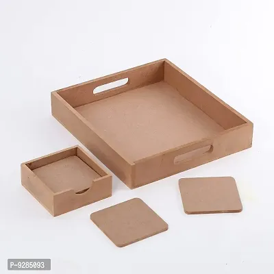 MDF DIY Tray with 6 Sqaure Coaster with case MDF Plain Wooden Coasters for Painting Art Work  Decoration-thumb0
