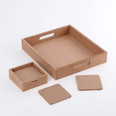 MDF DIY Tray with 6 Sqaure Coaster with case MDF Plain Wooden Coasters for Painting Art Work  Decoration