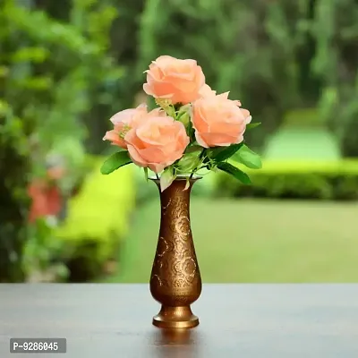 Artificial Flowers Bunch of 5 peach Roses with Green Leaves for Home Decoration-thumb0