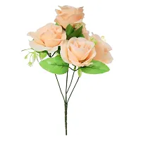 Artificial Flowers Bunch of 5 peach Roses with Green Leaves for Home Decoration-thumb1