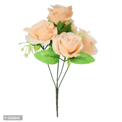 Artificial Flowers Bunch of 5 peach Roses with Green Leaves for Home Decoration-thumb2