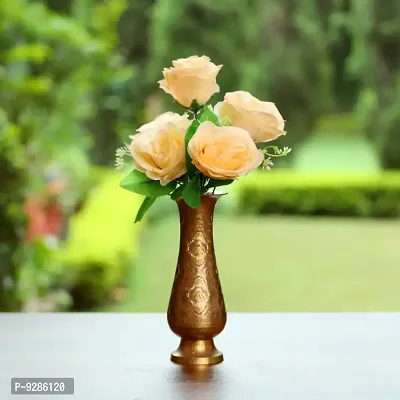 Artificial Flowers Bunch of 5 peach Roses with Green Leaves for Home Decoration