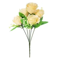 Artificial Flowers Bunch of 5 peach Roses with Green Leaves for Home Decoration-thumb1