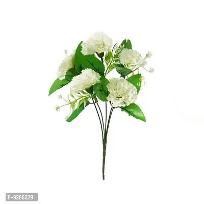 Artificial Flowers Bunch of 5 White Carnation with Green Leaves for Home Decoration-thumb2