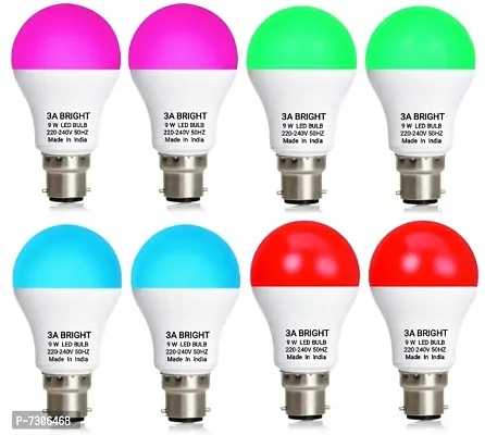 3A BRIGHT 9 Watt B22 Round Colour LED Bulb (Pink, Green, Blue, Red) Combo Pack of 8 Piece