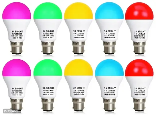 3A BRIGHT 9 Watt B22 Round Colour LED Bulb (Pink, Green, Blue, Red, Warm White) Combo Pack of 10 Piece