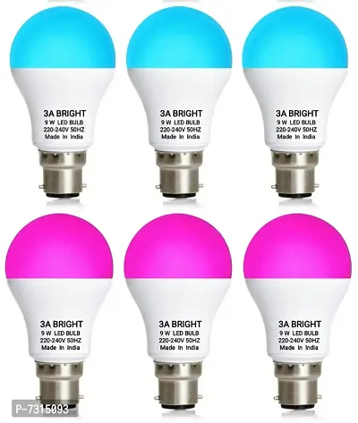 3A BRIGHT 9 Watt B22 Round Colour LED Bulb (Blue, Pink) Combo Pack of 6 Piece