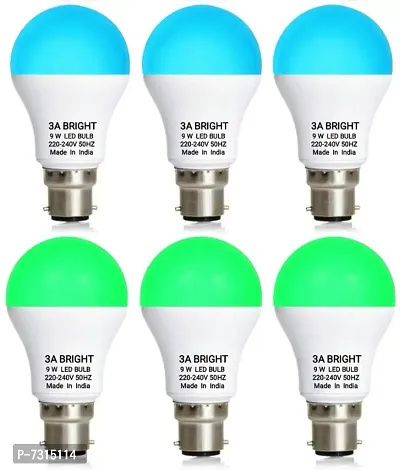 3A BRIGHT 9 Watt B22 Round Colour LED Bulb (Blue, Green) Combo Pack of 6 Piece