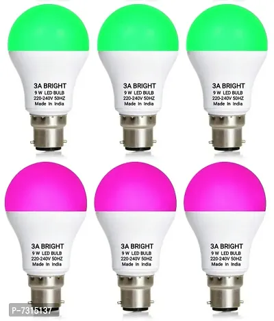 3A BRIGHT 9 Watt B22 Round Colour LED Bulb (Green, Pink) Combo Pack of 6 Piece