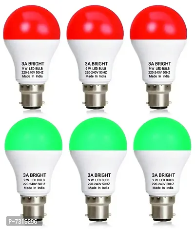3A BRIGHT 9 Watt B22 Round Colour LED Bulb (Red, Green) Combo Pack of 6 Piece
