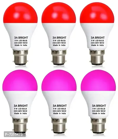 3A BRIGHT 9 Watt B22 Round Colour LED Bulb (Red, Pink) Combo Pack of 6 Piece
