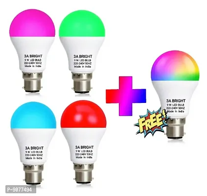 3A BRIGHT 9 Watt B22 Round Colour LED Bulb (Pink, Green, Blue, Red + 3in1 FREE) Combo Pack of 5 Piece