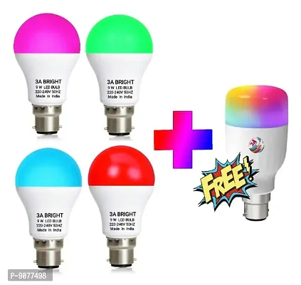 3A BRIGHT 9 Watt B22 Round Colour LED Bulb (Pink, Green, Blue, Red  FREE 3in1 Bullet Bulb) Combo Pack of 5 Piece